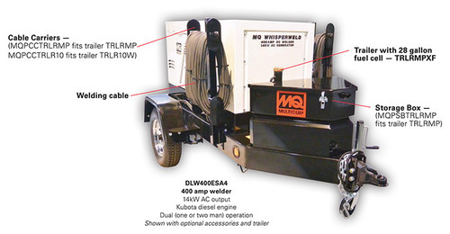 Cable Carriers, trailer with 28 gallon fuel cell, storage box, welding cable, 400 amp welder, 14kW AC output Kubota diesel engine Dual (one or tow man operation, shown with optional accessories and trailer.