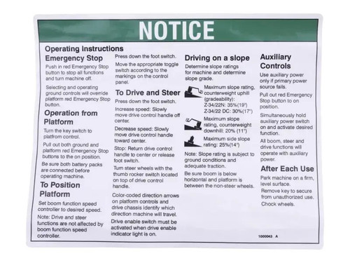 JLG Part # GN1000043GT | GN-DECAL, NOTICE OPER INST, EA
