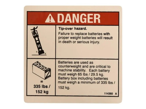 JLG Part # GN114360GT | GN-DANGER-TIP-OVER,BATT, EA