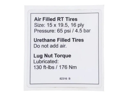 JLG Part # GN82316GT | GN-DECAL, NOTICE TIRE PRESSURE, EA