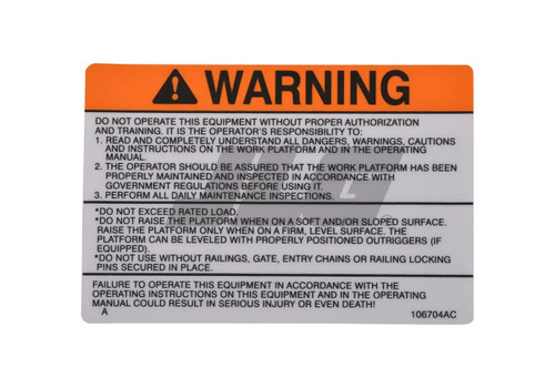 JLG Part # 106704 | SJ-DECAL, WARNING, EA