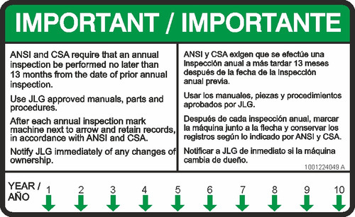 JLG Part # 1001224049 | DECAL,YEARLY INSP(ENG/LAT SPA), EA