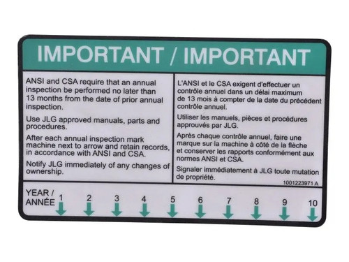 JLG Part # 1001223971 | DECAL,YEARLY INSP(ENG/CSA FRE), EA