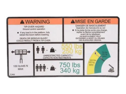 JLG Part # 1001216750 | DECAL,WARNING DUAL CAP. (FRE), EA