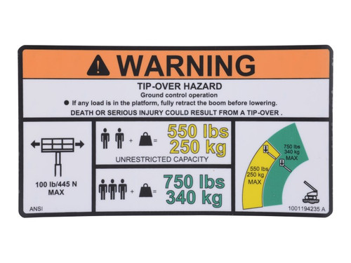 JLG Part # 1001194235 | DECAL,WARNING MAX CAP. (ANSI), EA
