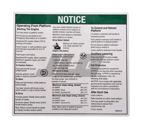 JLG Part # 1000191GT | GN-NOTICE,INST,PLATFORM GS68RT, EA