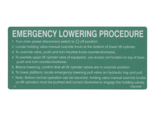 JLG Part # 109441SJ | SJ-DECAL, EMERGENCY LOWERING, EA