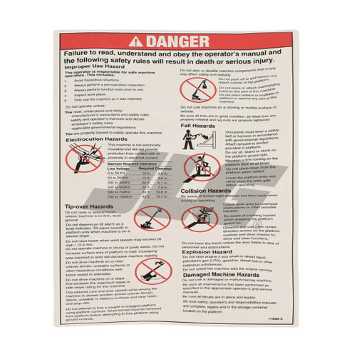 JLG Part # 114389 | GN-DECAL,DANGER GEN SAFETY, EA
