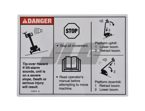 JLG Part # 114416GT | GN-DANGER,TIPOVER,TILT, EA