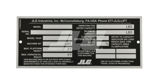 JLG Part # 1706948 | NAMEPLATE, MANUFACTURER'S, EA