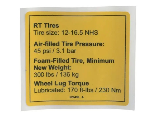 JLG Part # 226499GT | GN-DECAL, NOTICE TIRE PRESSURE, EA