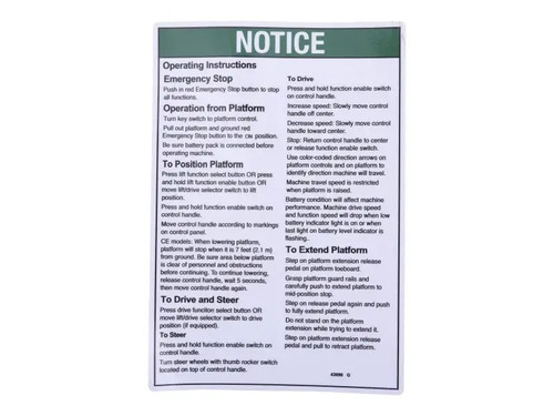 JLG Part # 43090 | GN-NOTICE,OPER INSTR,PCP, EA
