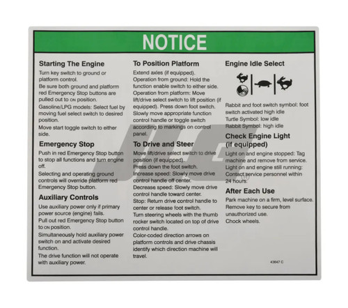 JLG Part # 43647 | GN-DECAL NOTICE OPER INST, EA