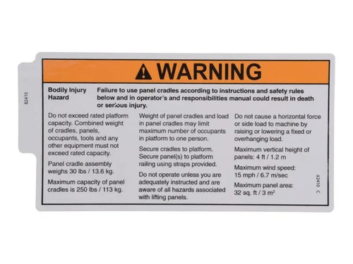 JLG Part # 82410GT | GN-DECAL,WARNING,PANEL CRADLE, EA