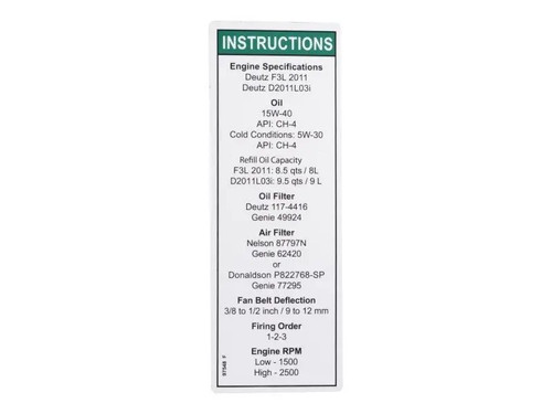 JLG Part # 97548GN | GN-DECAL,ENG SPEC,DEUTZ 2011, EA