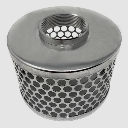 Close-up view of the Wacker Neuson 2" steel-plated strainer showing the perforated metal surface and durable finish.