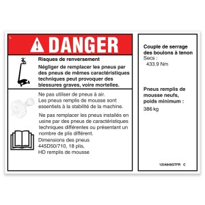 Genie Lift Part # 1254849FRGT - DECAL,DANGER/NOTICE,TIRE SPECS, EA