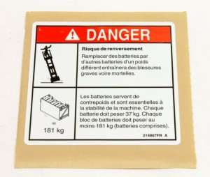 Genie Lift Part # 214867FRGT - DECAL,DANGER-TIP-OVER,BATT,4047(FR), EA