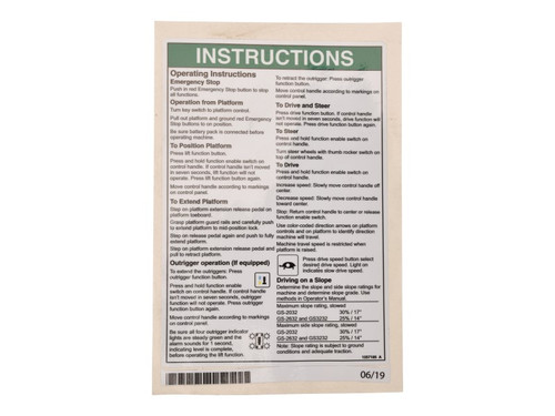JLG Part # 70046729 | DECAL,OPERATING INSTRUCTIONS, EA