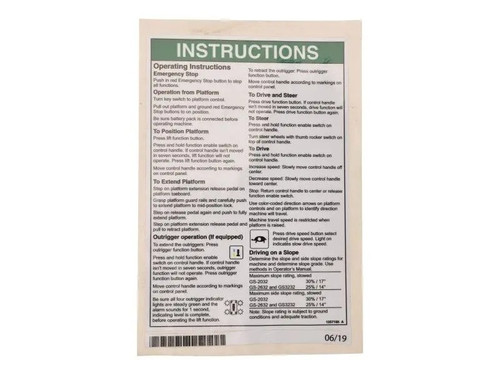JLG Part # 70046729 | DECAL,OPERATING INSTRUCTIONS, EA