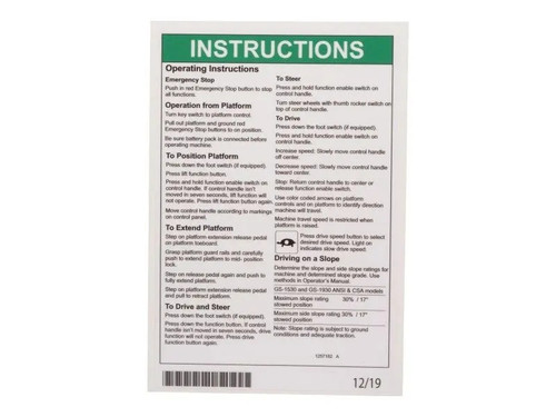 JLG Part # 70046728 | DECAL,OPERATING INSTRUCTIONS, EA