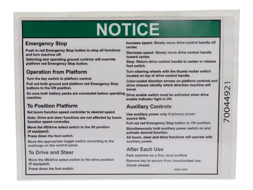 JLG Part # 70044921 | DECAL,OPERATION NOTICE, EA