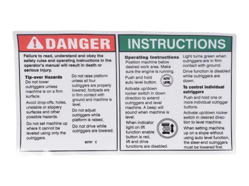 JLG Part # GN82757 | GN-DECAL,DANGER, OUTRIGGER SAF, EA