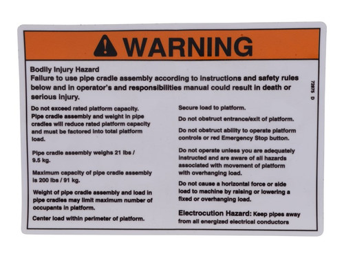 JLG Part # 70043900 | DECAL,WARNING, PIPE CRADLE, EA