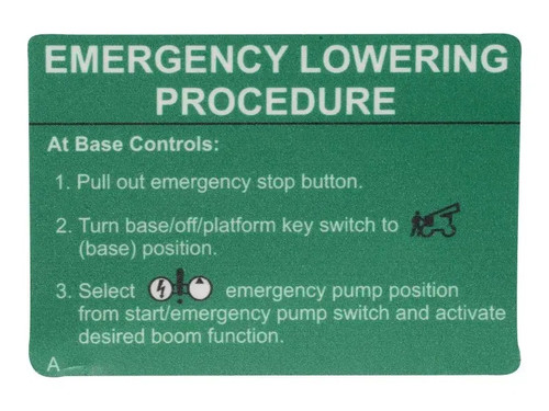 JLG Part # 143760SJ | SJ-LABEL, EMERG. LOWERING, EA