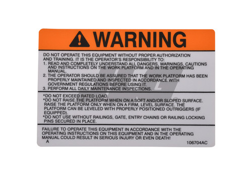 JLG Part # 70040650 | DECAL, WARNING, EA