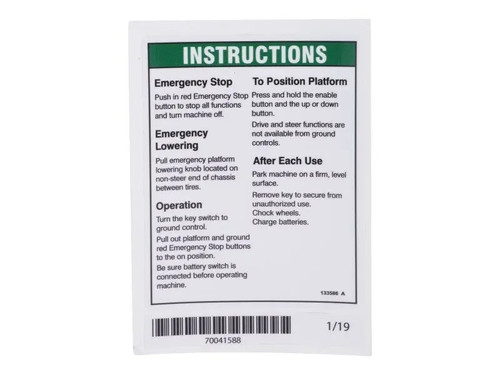JLG Part # 133586GT | GN-DECAL,INSTRUCTIONS, OPER, EA