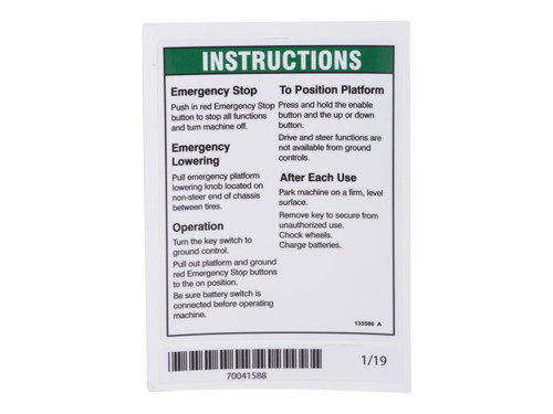 JLG Part # 70041588 | DECAL,INSTRUCTIONS, OPER, EA