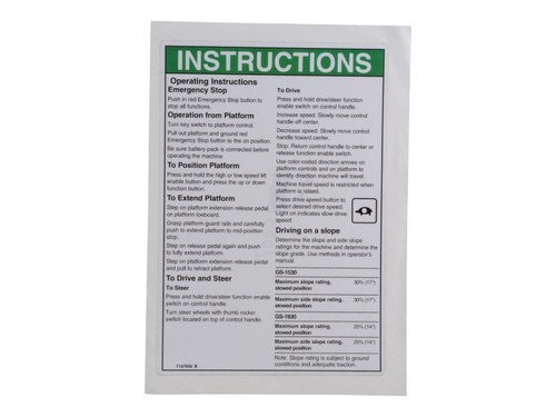 JLG Part # 70043613 | DECAL,OP INST, PCON, GS-30, EA