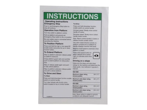 JLG Part # 70043613 | DECAL,OP INST, PCON, GS-30, EA