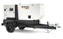 Front view of the Generac mobile diesel generator, showcasing its rugged design and single-axle trailer configuration for easy mobility and setup on job sites.