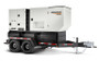 Front view of the Generac MDG250DF4-STD3 mobile diesel generator mounted on a tandem axle trailer, showcasing the robust sound-attenuated, rust-proof aluminum enclosure and the Deep Sea® DSE7310 controller interface.