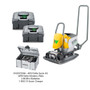 The image shows the Wacker Neuson APS1340e Vibratory Single-Direction Plate Compactor, equipped with a sturdy compaction plate, foldable handle, and sleek, electric-powered design. It features two BOB14 batteries housed in protective Systainer boxes and a compact BOC13 quick charger, ideal for fast, efficient charging.