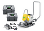 The image shows the Wacker Neuson APS2050e vibratory plate compactor, a battery-powered, single-direction unit featuring a durable base plate, ergonomic handle, and compact design ideal for tight job sites. 