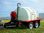 Side view of the Multiquip WTE8CHR water trailer, showing the 800-gallon poly tank mounted on a dual-axle trailer with electric brakes and hose reel.