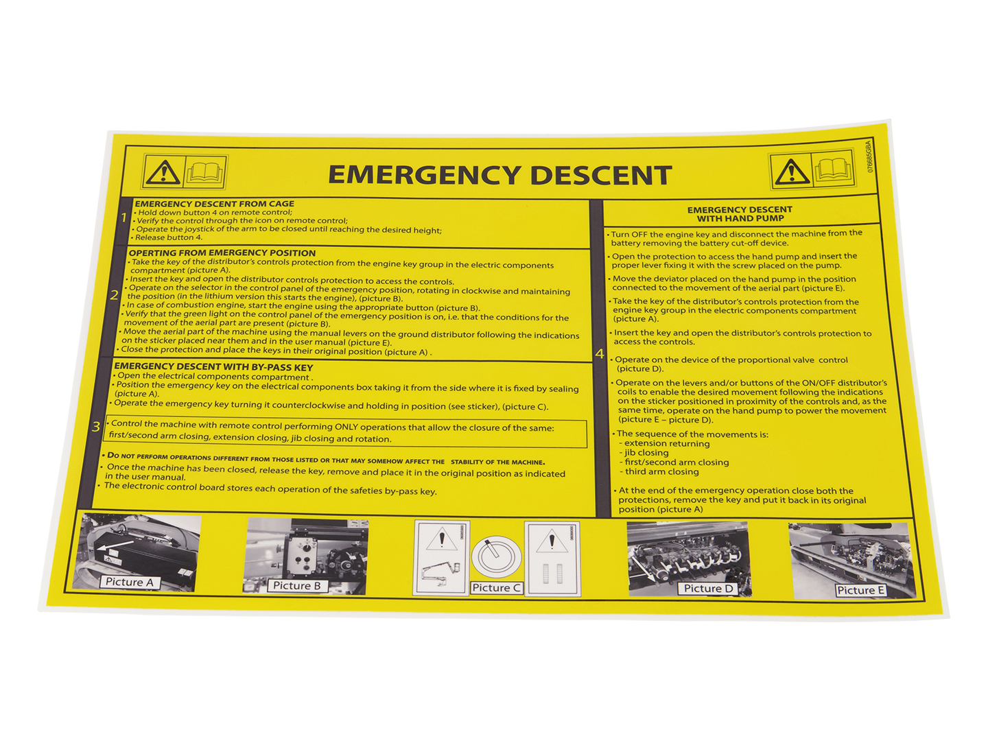 JLG Part # 076685GB | DECAL,EMERGANCY LOWERING, EA