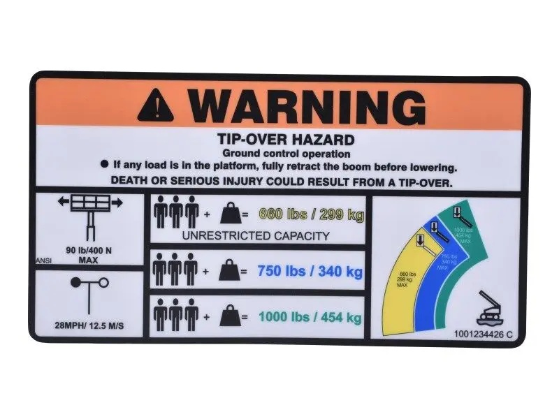 JLG Part # 1001234426 | DECAL,WARNING HI-CAP. (ANSI), EA