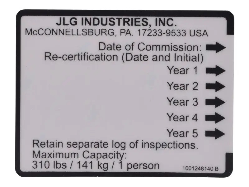 JLG Part # 1001248140 | DECAL,BOLT FALL ARREST RE-CERT, EA