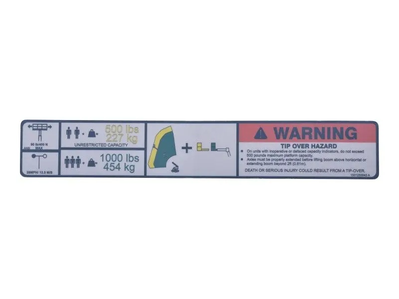 JLG Part # 1001253543 | DECAL,WARNING DUAL CAP.(ANSI), EA