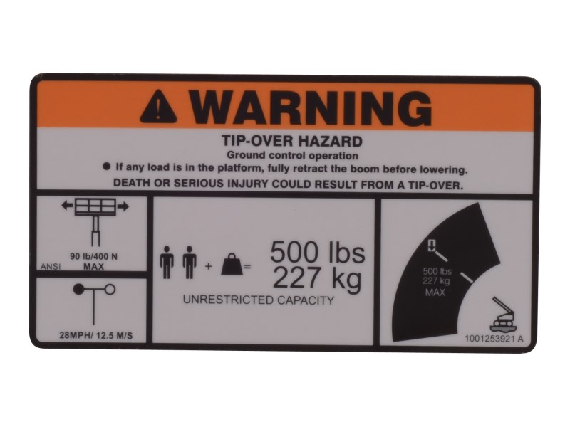 JLG Part # 1001253921 | DECAL,WARNING SINGLE CAP(ANSI), EA