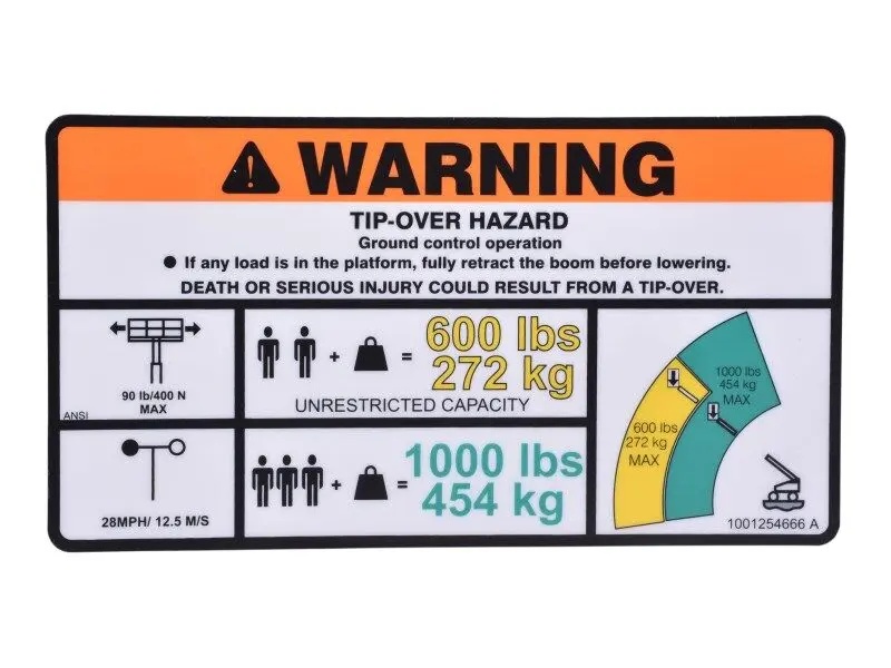 JLG Part # 1001254666 | DECAL,WARNING DUAL CAP., EA