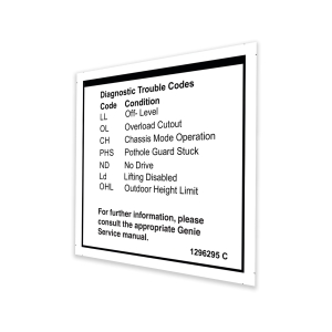 Genie Lift Part # 1296295GT - DECAL,LABEL,FAULT CODES, EA