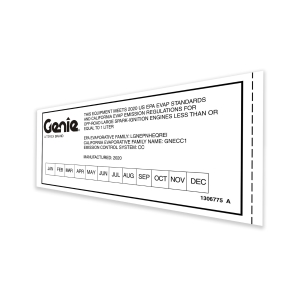 Genie Lift Part # 1306775GT - DECAL,CARB,EPA CERT,2020, EA