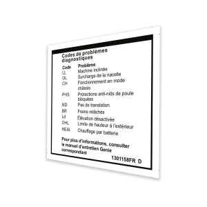 Genie Lift Part # 1301158FRGT - DECAL,LABEL,FAULT CODES, EA