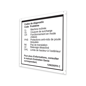 Genie Lift Part # 1296295FRGT - DECAL,LABEL,FAULT CODES, EA