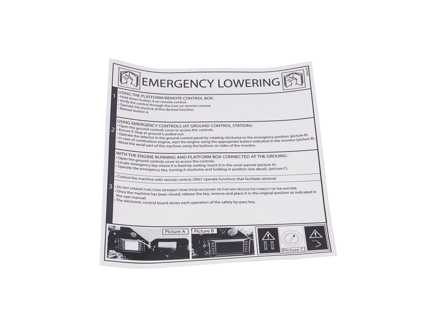JLG Part # 080422GB | DECAL, EMERGENCY LOWERING, EA